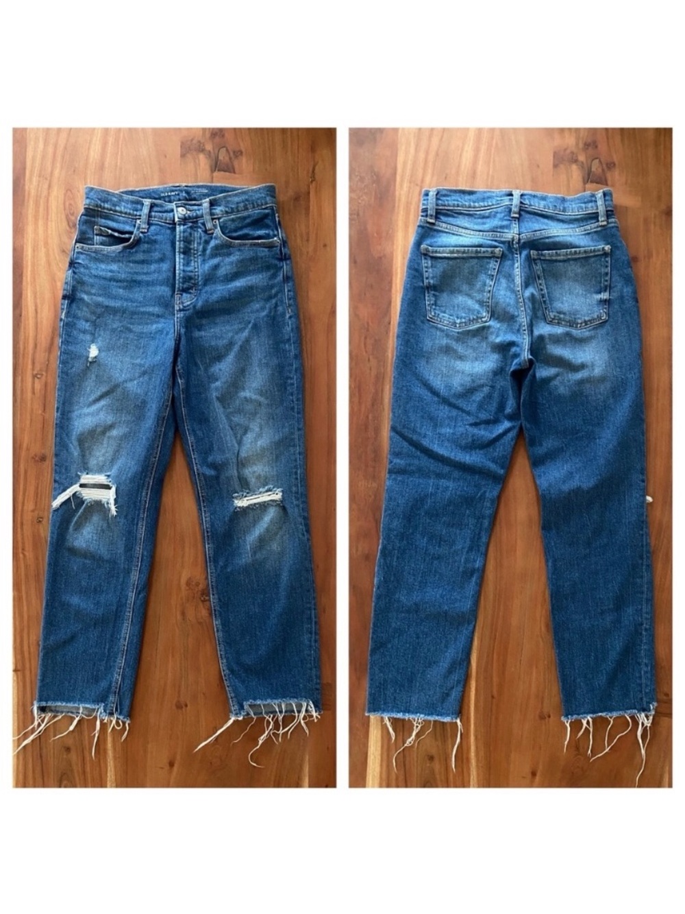 Old Navy sky high straight leg denim blue jean button fly raw hem distressed 4